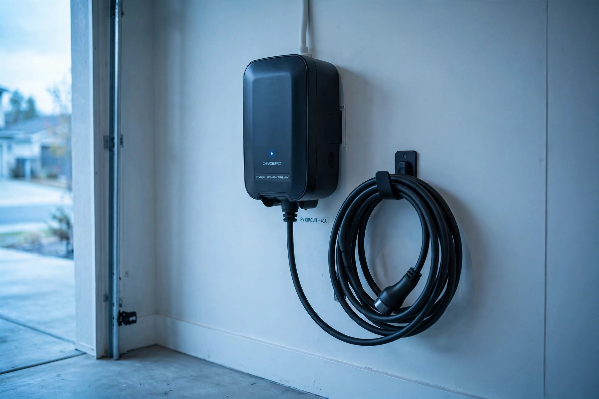 Home EV charger installed on a garage wall