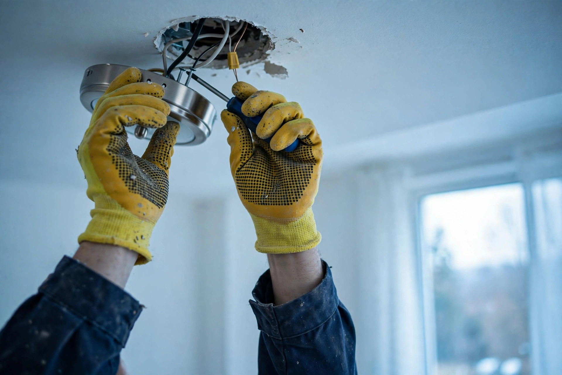 Electrician installing a ceiling light fixture
