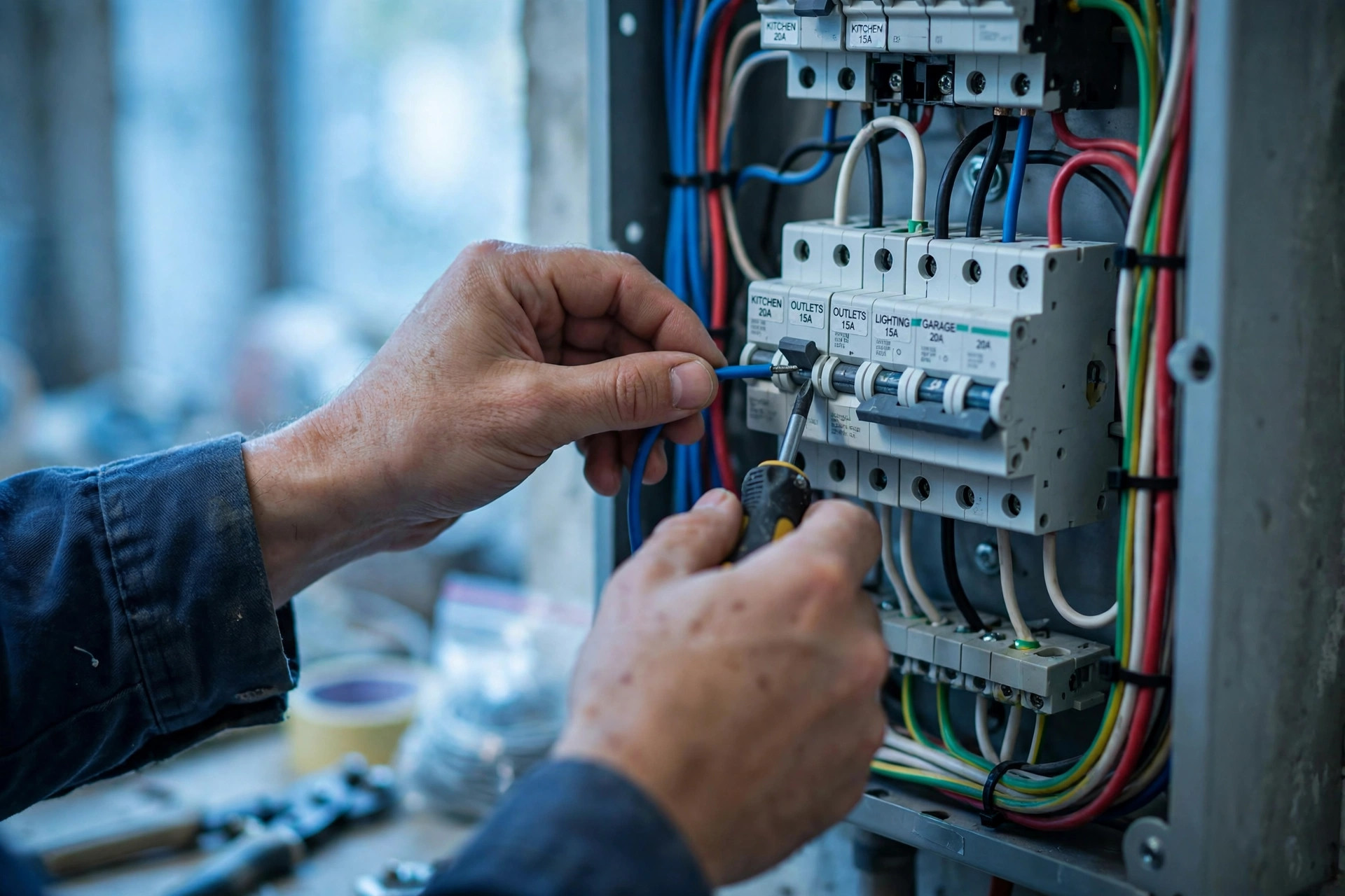 Electrician wiring a circuit breaker panel