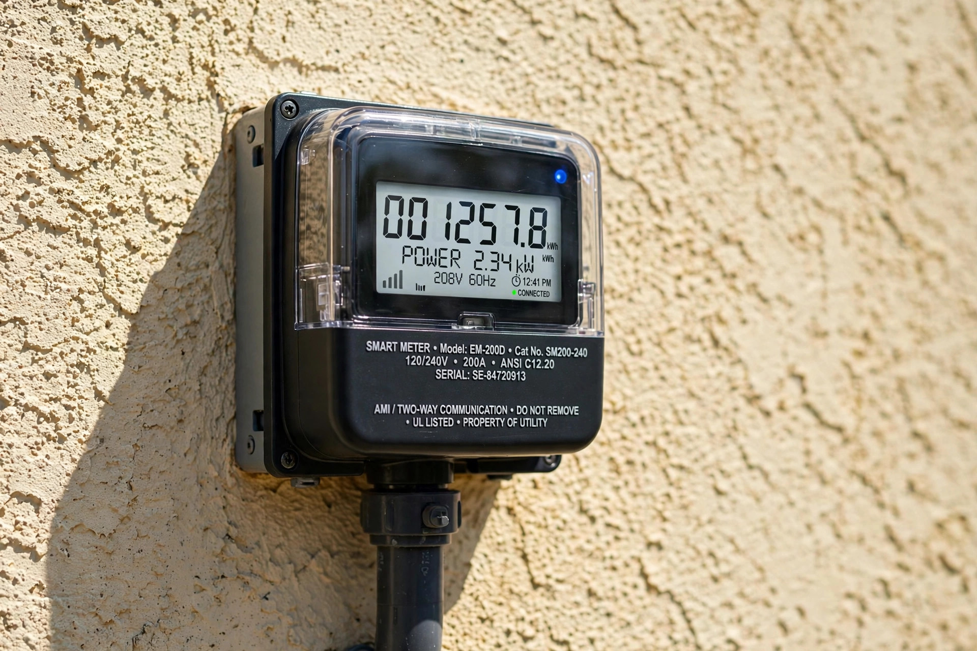 Smart electricity meter on a house exterior wall